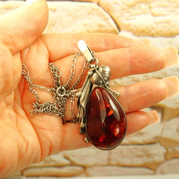 CALLA LILLY BIG AMBER and 925 SILVER PENDANT WITH 19 in STERLING CHAIN - Picture 10 of 10